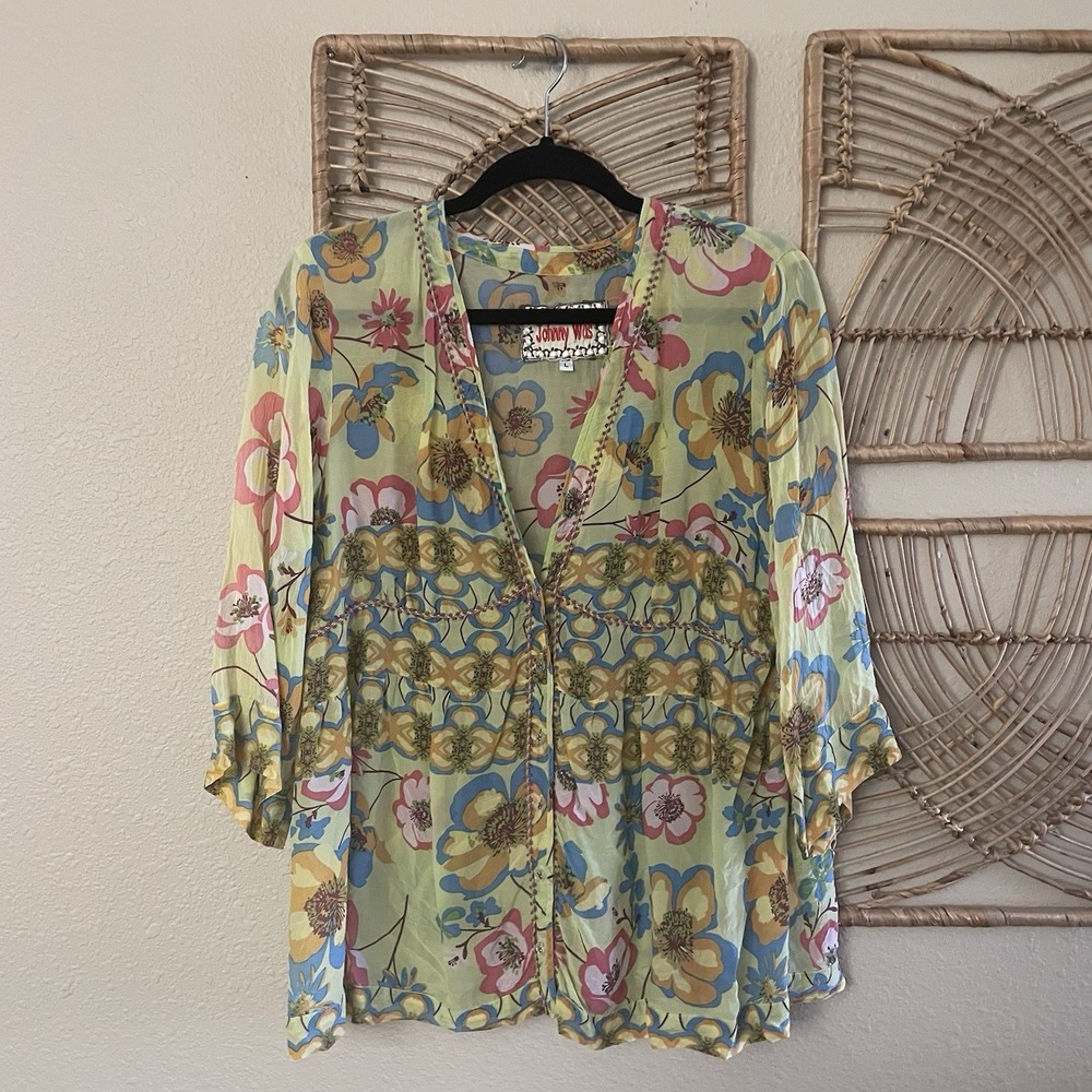 Johnny Was Floral V-Neck Top Blouse Y2K Whimsy Boho Artsy Women's Sz L B5